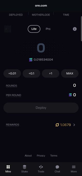 Screenshot of the ore.com mining interface showing 0 SOL deployed in Lite mode with 0 rounds played and a reward of 1.0679 $ORE, illustrating the user's successful second block hit.