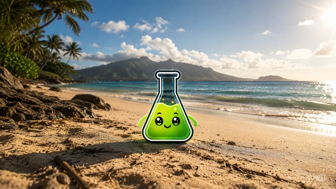 A cartoon green liquid character in a beaker sits on a sandy beach with palm trees, ocean, and mountains under a sunny sky.