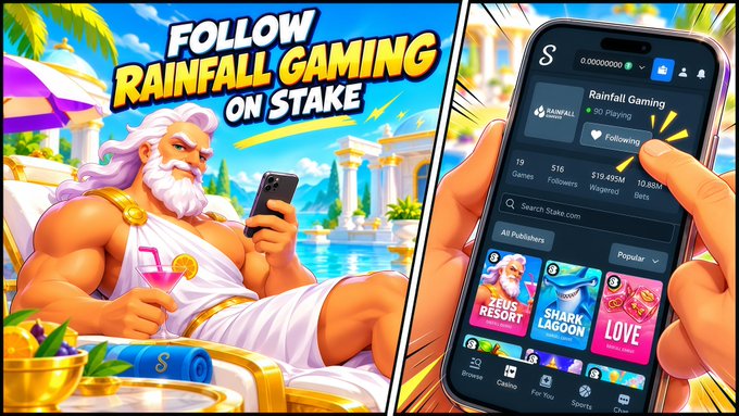 The image is a colorful promotional graphic featuring a cartoon depiction of Zeus relaxing by a pool with a drink, alongside a phone screenshot showing the "Rainfall Gaming" Stake profile (19 games, 516 followers, $19.49 wagered, 10.88% bets) with games like "Zeus Resort," "Shark Lagoon," and "Love" visible. The text "FOLLOW RAINFALL GAMING ON STAKE" appears prominently, directly encouraging viewers to follow the account as called for in the giveaway post.