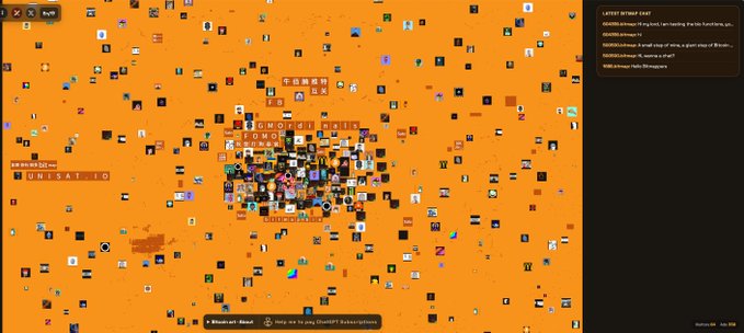 An orange digital canvas filled with thousands of tiny pixel art icons, with a 'LATEST BITMAP CAST' chat box visible on the right.
