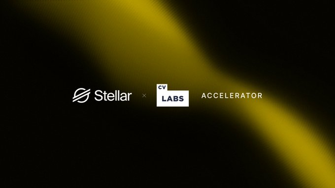 A promotional graphic with a yellow light streak on a black background announcing the "Stellar × CV Labs Accelerator" partnership.