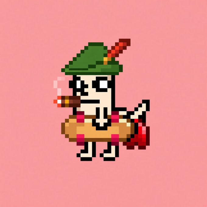 Pixel art on a pink background depicts a skeleton character wearing a green Robin Hood-style hat with a feather, smoking a cigar while sitting in a wooden inner tube.