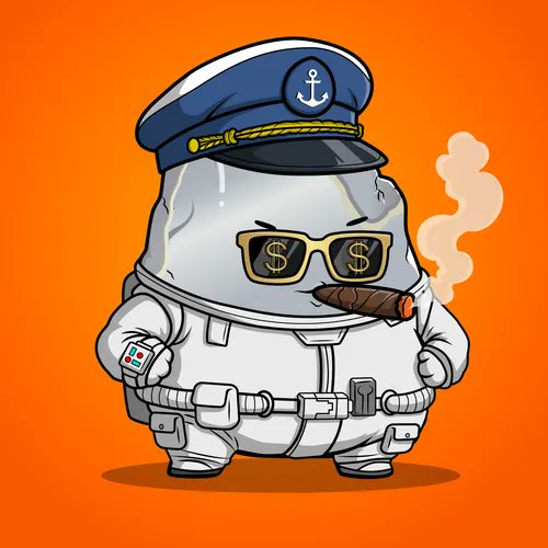 A cartoon egg character dressed in a white space suit and navy captain's hat with an anchor emblem wears dollar-sign sunglasses and smokes a cigar against an orange background. The image humorously illustrates the "Rock Bottom" shaming post, depicting the seller's fallen NFT as a burnt-out astronaut captain who has hit rock bottom with the sale at $5.37 USD.