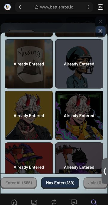 The image shows a phone screen with an app called "Battle Bros.io" displayed, which has a list of characters from the game available for download. The characters include a character named "Solana", who is described as a female character with red hair wearing a black hat and holding a sword. There are also other characters such as a male character with white hair wearing a blue helmet and a female character with blonde hair wearing a yellow jacket, among others. The app offers rewards for players to enter their NFTs or participate in the game's challenges.
