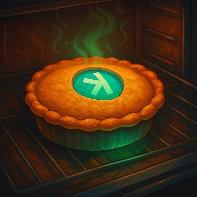 A digital illustration of a freshly baked pie sitting in an oven on a rack, with green glowing steam rising from a teal circle on top displaying a yen (¥) currency symbol.