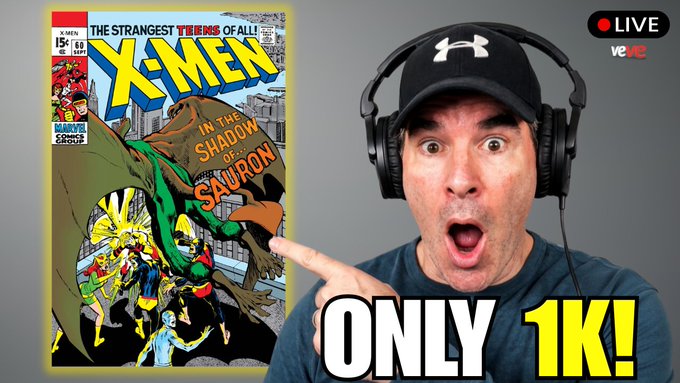 A shocked-looking man wearing a black Under Armour cap and headphones, pointing at an X-Men comic book titled 'IN THE SHADOW OF... SAVURON' with the text 'ONLY 1K!' overlaid, marked with a 'LIVE' VeVe indicator.