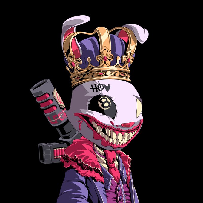 A menacing cartoon rabbit character wearing a gold crown, suit, and a fur-collared coat bears the text "HØV" with a heart on its forehead, carrying a shell-loaded weapon while flashing a sinister grin. The illustration aligns with the post's praise for the stylized artwork of the Rogues NFT collection, showcasing its edgy, dark aesthetic.