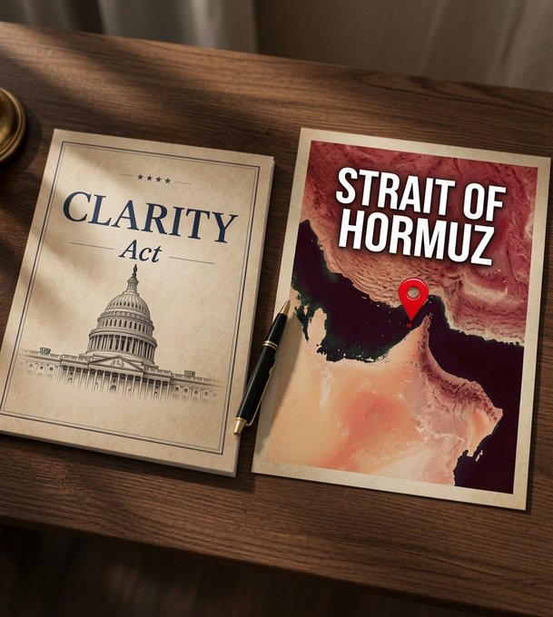 A wooden desk displaying two documents: one titled 'CLARITY Act' featuring an image of the U.S. Capitol building, and another titled 'STRAIT OF HORMUZ' showing a satellite map with a red location pin, accompanied by a black and gold pen.