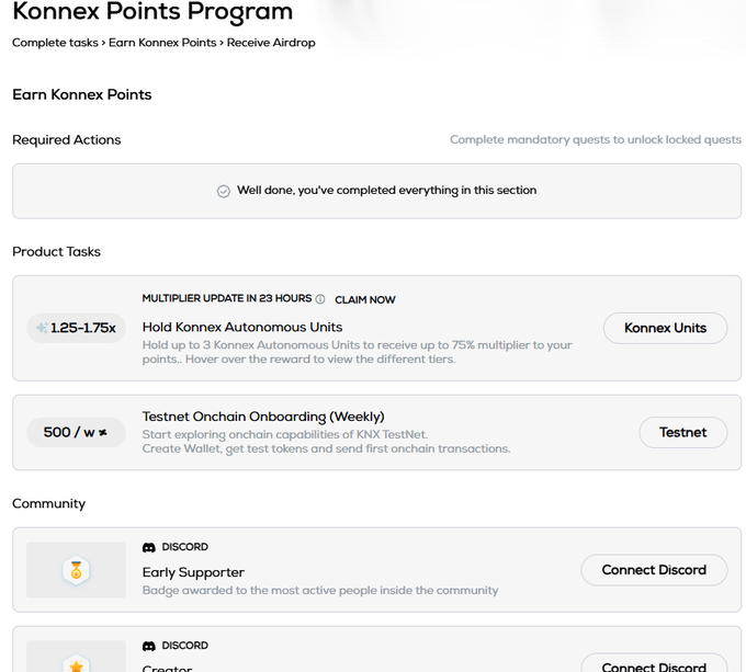 A screenshot of the 'Konnex Points Program' interface showing tasks to earn points and airdrops, including 'Hold Konnex Autonomous Units' and 'Testnet Onchain Onboarding'.