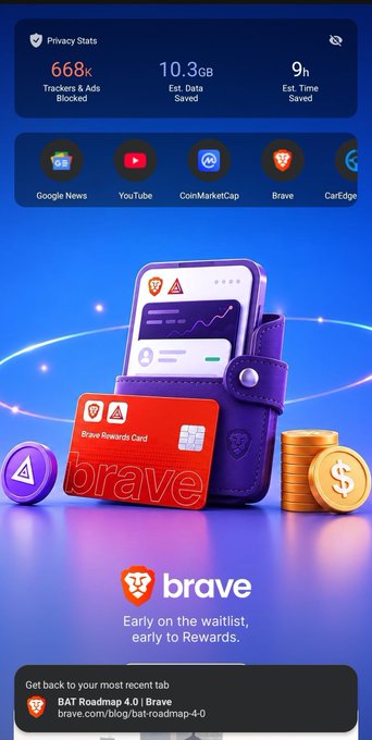 A promotional graphic for Brave shows privacy stats including "668k Trackers & Ads Blocked," "10.3GB Est. Data Saved," and "9h Est. Time Saved," alongside icons for Google News, YouTube, CoinMarketCap, Brave, and CarEdge. The center features a 3D render of a purple wallet holding a phone and a red "Brave Rewards Card," with coins nearby, promoting the "+51K" waitlist signups mentioned in the post about the BAT Rewards Card from the Roadmap 4.0.