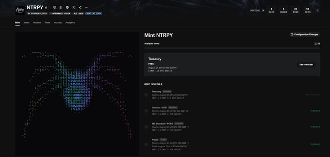 The screenshot displays the NTRPY mint dashboard, showing a colorful dog-like figure made of code on the left and mint details on the right, with the "Mint NTRPY" page open. It features sections for "Treasury" with a "Set reminder" button and "KONT DOWNLINE" tiers (Treasury, Genesis, WL Standard - FCFS, Public) each showing counts like "1,042 OF 1,042 WALLET," reflecting the fully allocated mint distribution mentioned in the post.