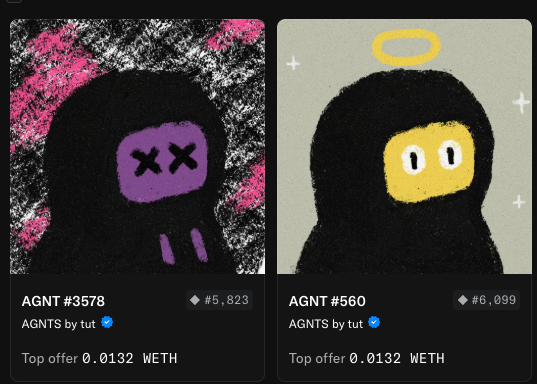 Two NFT listings titled 'AGNT #3578' and 'AGNT #560' from the 'AGNTS by tut' collection, each showing a stylized hooded figure with a Top offer of 0.0132 WETH.