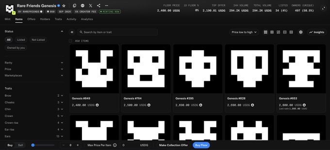 Screenshot of the Rare Friends Genesis NFT collection marketplace page on Magic Eden, showing pixelated skull-themed "Genesis" items #949, #704, #399, #628, and #653 each priced at 2,600 USDC, with a "Buy Now" button visible at the bottom of the interface. The image directly corresponds to the tweet highlighting the Rare Friends NFT free mint, which has since generated over $2,400 in trading volume on the secondary market.