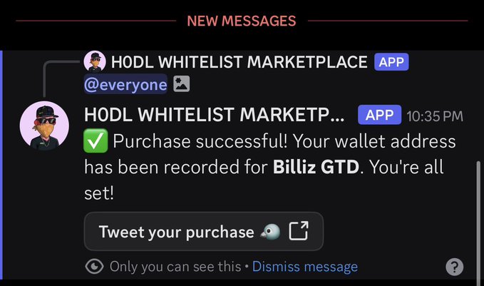 A Discord screenshot shows a 'NEW MESSAGES' notification from 'HODL WHITELIST MARKETPLACE' confirming a purchase: 'Purchase successful! Your wallet address has been recorded for Billiz GTD. You're all set!'