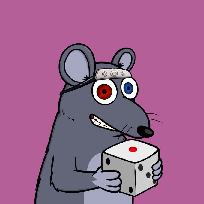 A cartoon illustration of a grey rat wearing a headband, holding a white dice with a red dot.