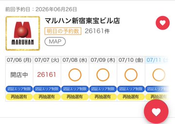 The image shows a store information page for マルハン新宿東宝ビル店 (Maruhan Shinjuku Toho Building Store) displaying its daily pachinko count of 26,161 machines, with calendar dates from 07/06 to 07/11 marked as "再抽選有" (re-lottery available), aligning with the post referencing the store's high attendance on the lucky "7" date.