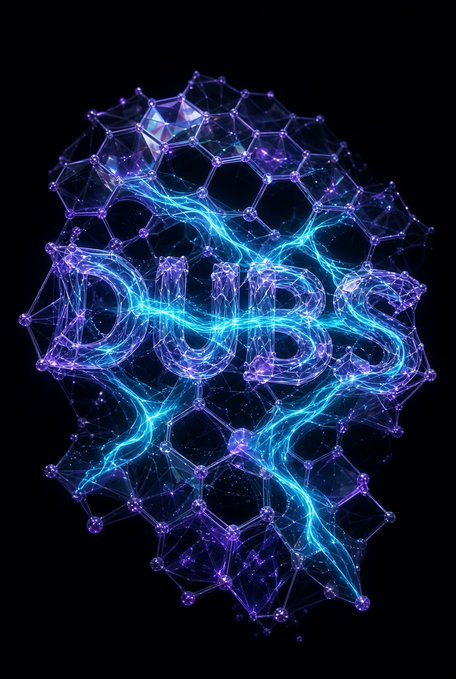 A glowing blue and purple 3D rendering of the word 'DUBS' surrounded by interconnected geometric nodes and electrical energy effects on a black background.