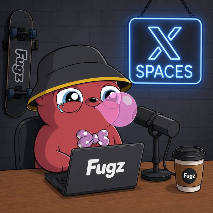 Cartoon red character wearing a hat blowing a pink bubblegum bubble, sitting at a laptop labeled 'Fugz' with an X Spaces neon sign in the background.