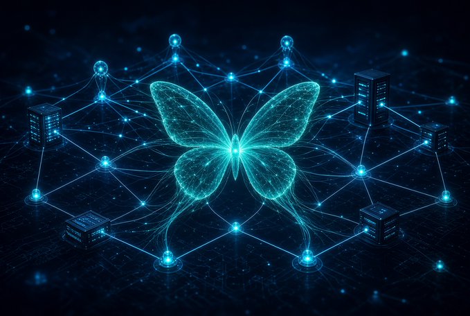 A digital artwork depicting a glowing blue butterfly composed of connected nodes and lines, representing a network, surrounded by server towers and data nodes on a dark blue background.