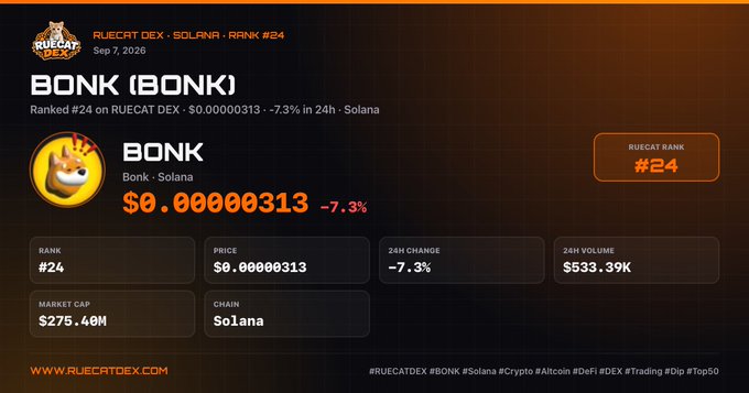 A digital information card for the BONK cryptocurrency on RUECAT DEX, dated Sep 7, 2026, showing a price of $0.00000313, a 24h volume of $533.39K, and a market cap of $275.40M on the Solana chain.
