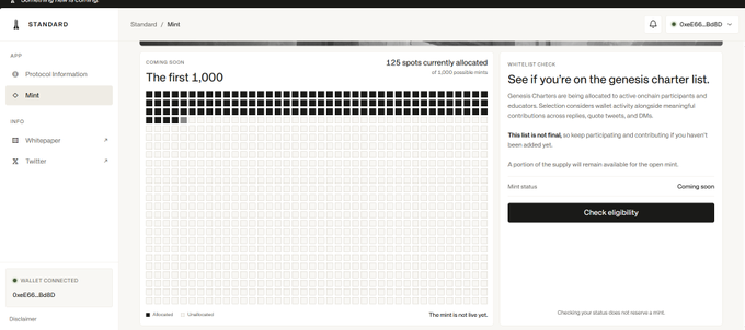 Stylus blockchain explorer page showing a 'Mint' contract dashboard with 'The first 1,000' coming soon display (125 spots allocated) and a whitelist check section for Genesis Charters.