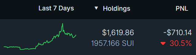 Financial portfolio widget showing a 7-day green line chart for 'Holdings' with a current value of $1,619.86 (1957.166 SUI) and a PNL of -$710.14, indicating a 30.5% loss marked in red.