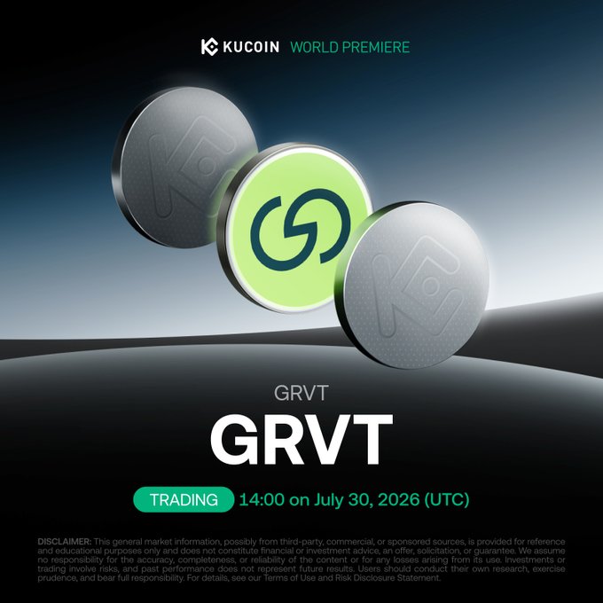 KuCoin announces the World Premiere listing of GRVT (Grvt) for trading on July 30, 2026 at 14:00 UTC, featuring stylized GRVT coin graphics to promote the self-custodial on-chain wealth platform's debut.