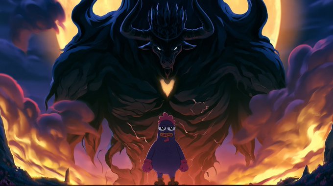 A dark fantasy illustration featuring a small purple chicken-like character standing before a massive, menacing horned demon figure with glowing eyes, set against a fiery, apocalyptic background with swirling purple clouds.