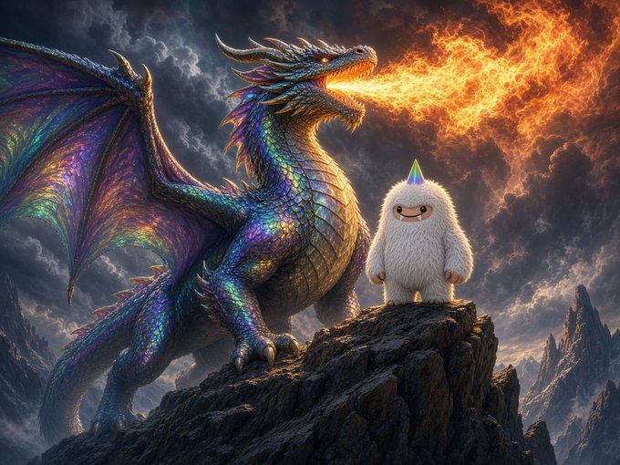 A digital artwork showing a colorful, iridescent dragon breathing fire on a rocky peak next to a small, smiling white yeti-like monster wearing a party hat.