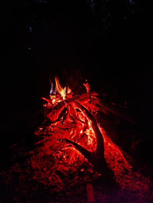 A crackling campfire glows against the darkness of night, with bright orange flames and glowing embers creating a warm, contemplative atmosphere. The image visually reinforces the "Good night" sentiment of the post, symbolizing a peaceful end to a productive day.