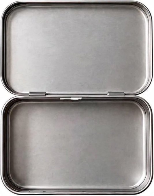 An open, empty metal tin box is shown from above, displaying its plain silver interior and hinged lid. The image serves as a visual metaphor for the user's prompt, which playfully asks Grok to "fill" the empty box with their dislikes, coloring it accordingly—suggesting the box as a blank canvas awaiting a personalized, color-coded catalog of pet peeves based on their posting history.