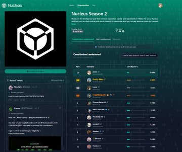 The image shows a Nucleus "Season 2" page displaying a contribution leaderboard with a reward pool of 30,000 $AURA, ranking contributors by "Contribution to EVM Contribution" points, with the top user "dervla" leading at 47,994. It supports the post's point by illustrating that rewards extend beyond just the top 10, with the structure shown allowing the top 5,000 users to earn 2,500 $AURA each, demonstrating the broad distribution system Nucleus has implemented.