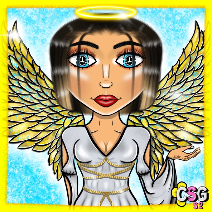 A digital illustration of an angel with golden wings, a halo, and large blue eyes wearing a white gown, signed 'CSG 52' in the corner.