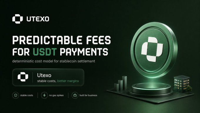 A promotional graphic for UTEXO advertising 'PREDICTABLE FEES FOR USDT PAYMENTS' with a green color scheme and coin imagery, highlighting features like 'stable costs' and 'no gas spikes'.