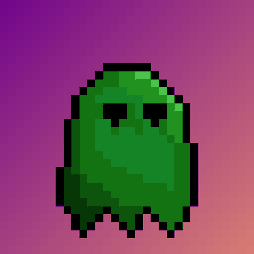A pixel art illustration of a green ghost resembling Blinky from Pac-Man with dark eyes, set against a gradient purple and pink background.