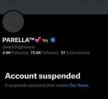 The image shows a suspended Twitter/X account for "PARELLA™ 💖🐆✅" (@web3righteous) with 72.6K followers, displaying the message "Account suspended - X suspends accounts that violate Our Rules." This illustrates the post's theme of numerous users, including notable crypto figures like @uniquekhaddy, getting suspended from the platform.