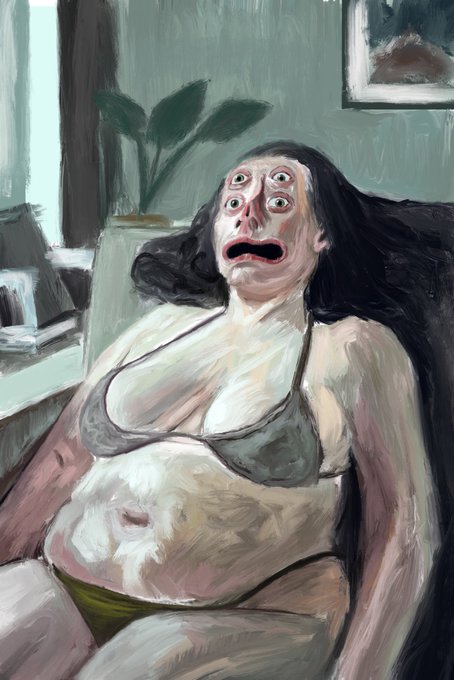 An expressionist-style oil painting depicting a woman with multiple eyes and a distressed expression, wearing a bra and underwear, seated in a domestic interior setting with a potted plant.
