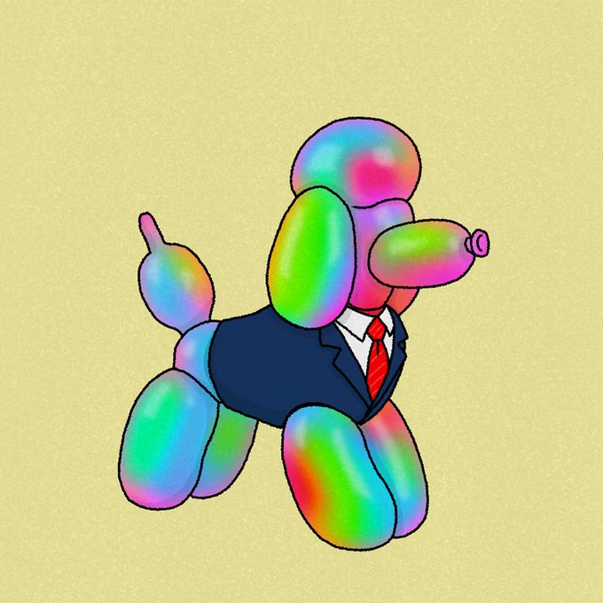 A colorful balloon-animal dog in a suit and red tie floats against a yellow background.