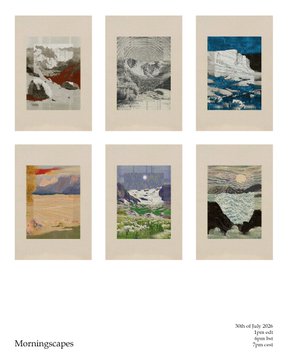 A promotional display of six landscape artworks titled 'Morningscapes,' exhibited at Nils & B July 2026 by artists Edvard I. Hjort, Arne S. Sjol, and Tjørvard.