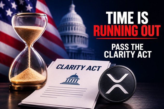 A hourglass with sand running out sits next to a "CLARITY ACT" document and XRP coin, with an American flag and the U.S. Capitol in the background, alongside text reading "TIME IS RUNNING OUT" and "PASS THE CLARITY ACT." The image visually reinforces the post's urgent call for federal crypto legislation, using the draining hourglass to symbolize the narrowing window for establishing permanent regulatory clarity for digital assets like XRP.