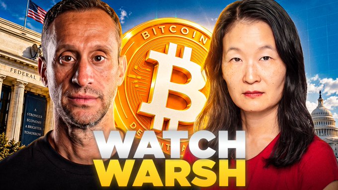A YouTube thumbnail titled "BITCOIN WATCH WARSH" features a Bitcoin logo between a man and Laura Shin, set against the Federal Reserve and U.S. Capitol, promoting her 9 AM EST live discussion on how the Fed could push Bitcoin higher after its recent selloff.
