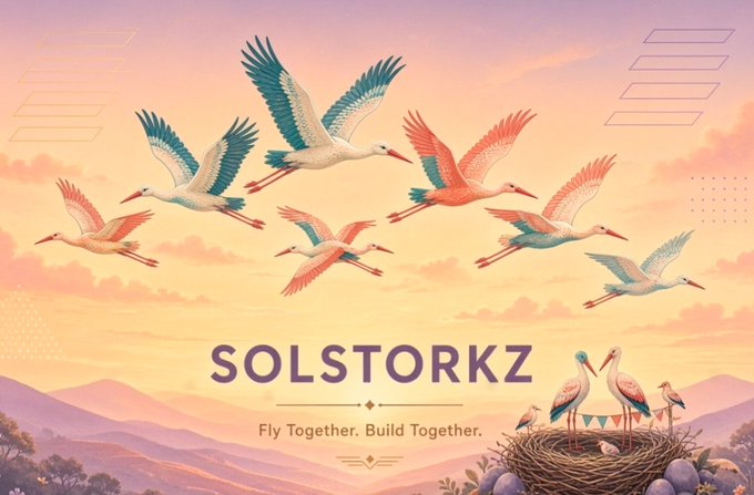 An illustration with the text 'SOLSTORKZ - Fly Together. Build Together.' featuring several colorful storks flying in a pastel sunset sky above a nest.