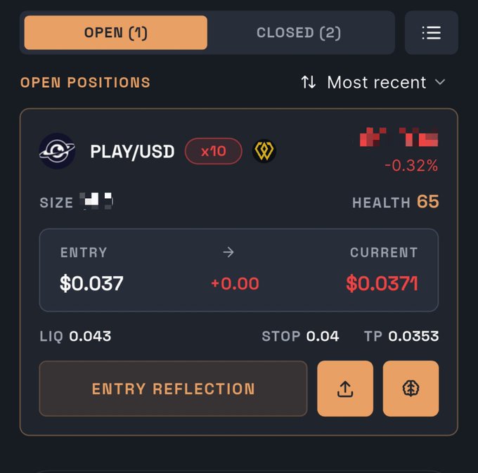 A trading interface showing an open position for PLAY/USD with x10 leverage, entry at $0.037, current price $0.0371 (-0.32%), with stop at 0.04 and take profit at 0.0353.