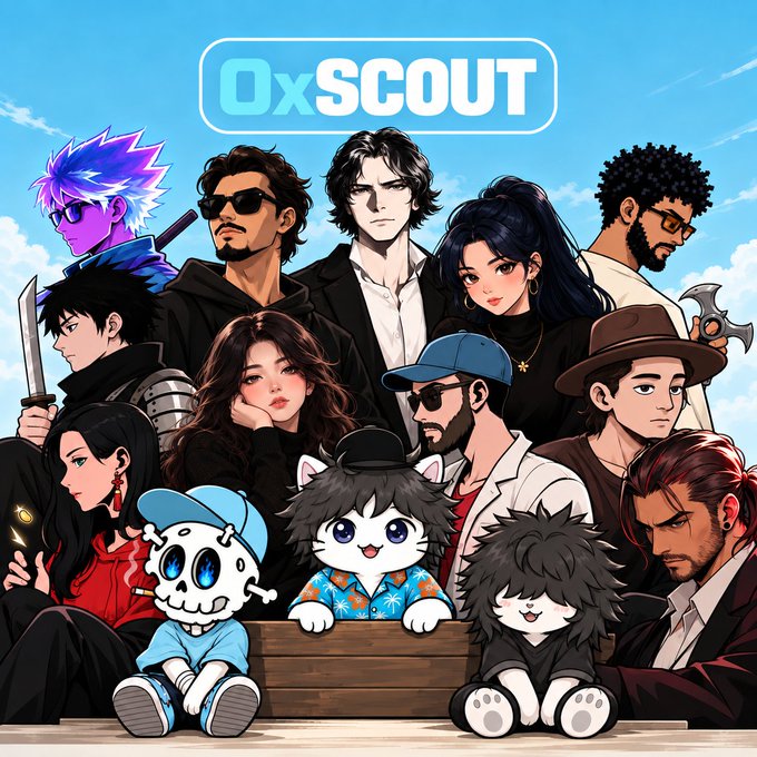 An illustrated graphic featuring a group of anime/manga-style characters with the '0xSCOUT' logo displayed at the top center against a blue sky background.