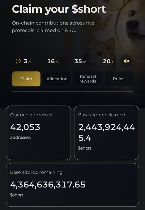 A screenshot of a 'Claim your $short' airdrop page on BSC showing 42,053 claimed addresses, 2,443,924,445.4 $short claimed from a base airdrop, with a countdown timer of 3 days, 16 hours, 35 minutes.