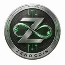A close-up image of a Zenocoin physical token/coin, silver-colored with green accents and a stylized 'Z' logo in the center.