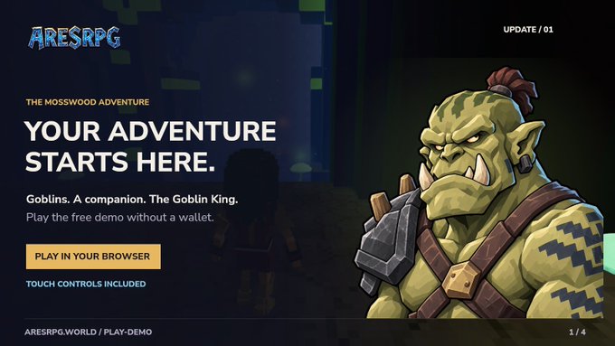 A promotional banner for 'ARESRPG' featuring a green goblin character, advertising 'THE MOSSWOOD ADVENTURE' with a 'PLAY IN YOUR BROWSER' button.