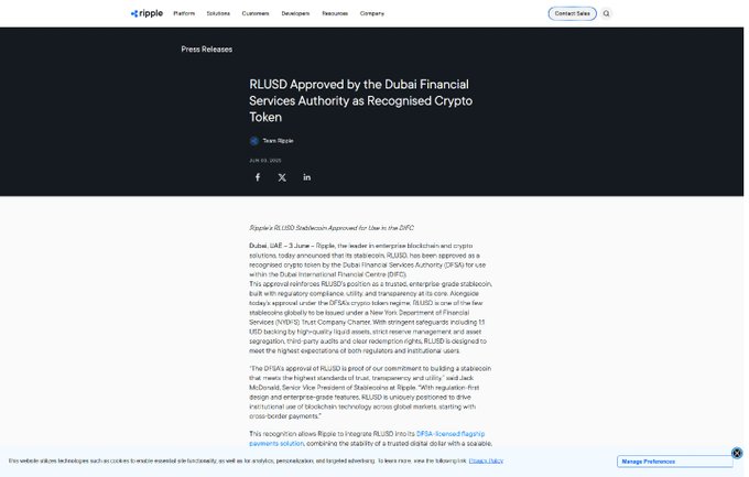 The image shows a Ripple press release page titled "RLUSD Approved by the Dubai Financial Services Authority as Recognised Crypto Token," dated June 23, 2025, announcing that the DFSA approved RLUSD Stablecoin for use within the Dubai International Financial Centre (DIFC). This directly supports the post's claim about Dubai's DFSA formally recognizing Ripple's RLUSD stablecoin.