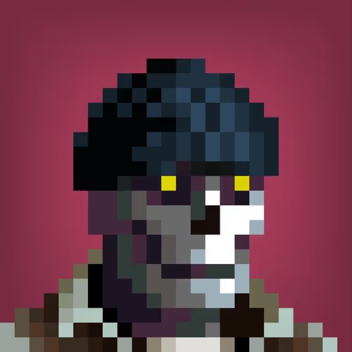 A pixel art portrait of a character with dark, voluminous hair, glowing yellow eyes, and gray skin, wearing a collared shirt against a solid deep red background.