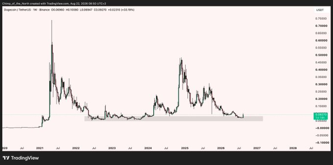 A TradingView weekly chart of Dogecoin (DOGE/USDT on Binance) shows a dramatic rally peaking around $0.70 in early 2021, followed by multi-year consolidation between roughly $0.05 and $0.20, with the current price near $0.0927, supporting the post's bullish "it's only getting started" sentiment by suggesting the historical highs are far above current levels.